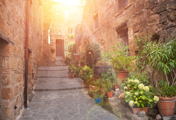 Fototapeta na wymiar Picturesque street in medieval town in Tuscany, Italy. Old stone walls and plants