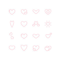 Set of  hand drawn pink hearts. Icons, love symbols. Line style. Vector illustration. 