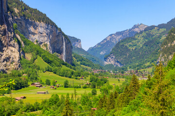 Naklejka na ściany i meble View of Lauterbrunnen Valley in Bernese Oberland, Switzerland. Switzerland nature and travel. Alpine scenery