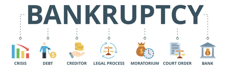 Bankruptcy banner web icon vector illustration concept with icon of crisis, debt, creditor, legal process, moratorium, court order, and bank - obrazy, fototapety, plakaty