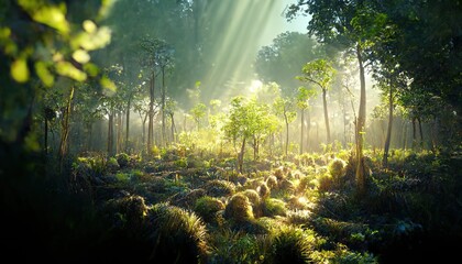 Thicket of the forest with green plants, trees and rays of the bright sun.
