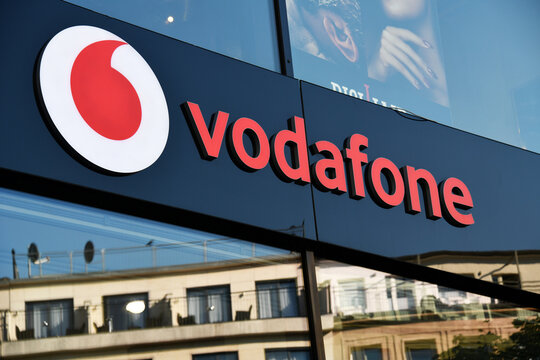 Dusseldorf, North Rhine-Westphalia, Germany - September 9, 2021: Vodafone logo in Dusseldorf, Germany  - vodafone is a British multinational telecommunications company