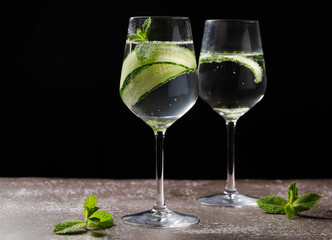 Classic Gin and tonic with cucumber or Tom Collins or Gin Fizz alcoholic cocktail with Gin, tonic, ice, cucumber and mint or mocktail on a black background