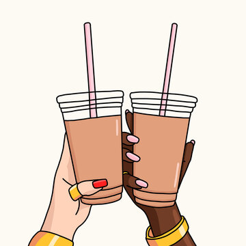 Illustration of two different skin color women hands holding takeaway cold coffee plastic cups with straws 