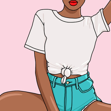 Illustration of a brown skin thin woman wearing a white shirt with a knot and denim shorts