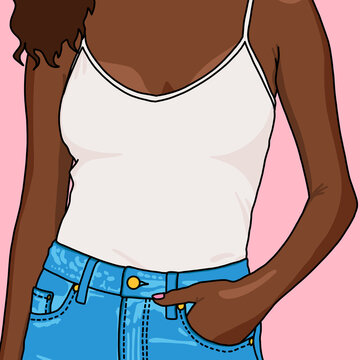 Illustration of a woman wearing white tank top and jeans
