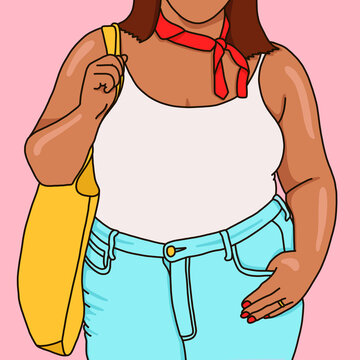 Illustration of a full figured woman wearing a white tank top and jeans with a red scarf on the neck holding a yellow tote bag