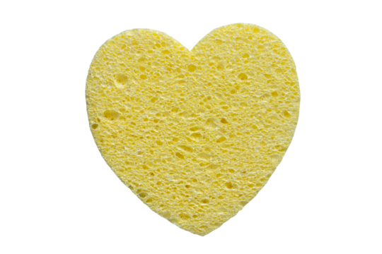 Yellow heart shaped facial cleansing puff isolated on png or transparent background