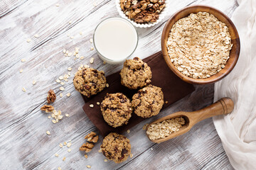 Brown Homemade Gluten Free Oatmeal Cookies with Dark Chocolate.