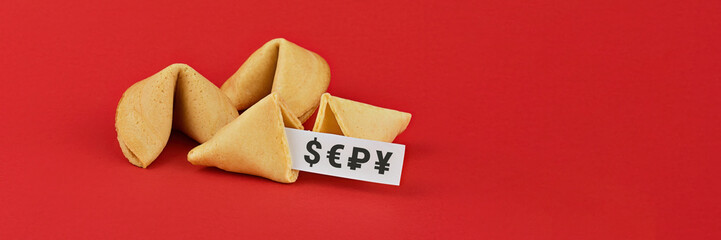 Chinese fortune cookies. Cookies with prediction words inside with currency symbol dollar, euro,...