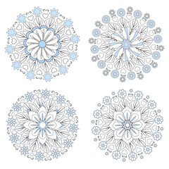 Flowers round ornaments set. Coloring book page. Black and white flowers with blue elements. Vector illustration