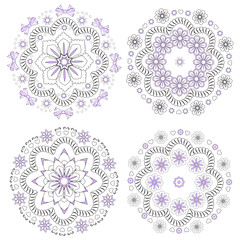 Flowers round ornaments set. Coloring book page. Black and white flowers with pink elements. Vector illustration