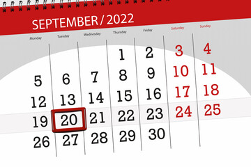 Calendar planner for the month september 2022, deadline day, 20, tuesday