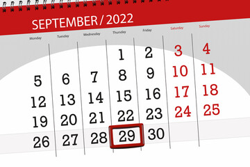 Calendar planner for the month september 2022, deadline day, 29, thursday - obrazy, fototapety, plakaty