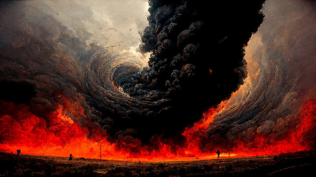 Huge Fiery Tornado Apocalyptic Epic Sky Spectacular Scenic Art Illustration. End of World Doomsday Panoramic Background. Digital Painting AI Neural Network Computer Generated Art Armageddon Wallpaper