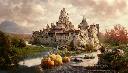 Fotobehang Autumn landscape of a palace surrounded by water, trees with orange foliage under a cloudy sky. © Zaleman