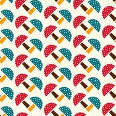 Vector seamless pattern with geometric mushrooms on a beige background. Cartoon retro amanita background for print, wrapping paper, kids fabric, fall decoration, cards, surface pattern design