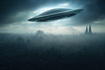 An alien saucer hovering over the city. UFO, alien invasion, unidentified flying object, visitors from space. The concept of space travel and extraterrestrial life. 3D render - obrazy, fototapety, plakaty