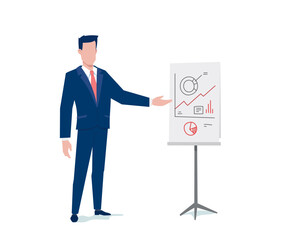 Vector business illustration of business man show business graph on white color background. Flat style design of man with management diagram