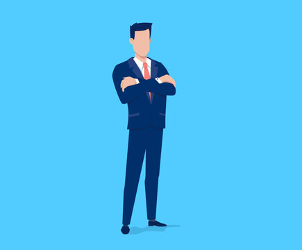 Vector business illustration of standing business man on blue color background. Flat style design of man manager