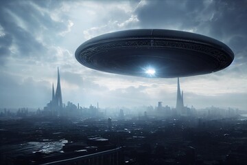 Fototapeta na wymiar An alien saucer hovering over the city. UFO, alien invasion, unidentified flying object, visitors from space. The concept of space travel and extraterrestrial life. 3D render