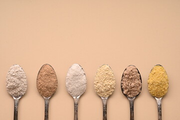 Various gluten free flour. Flat lay, top