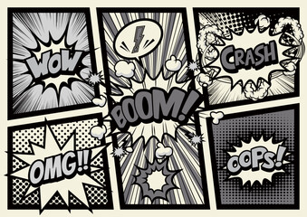 アメコミ風コマ割り素材モノトーンBlack and white pop art comics book magazine, speech bubble, balloon, box message  © Tkz26 Graphics