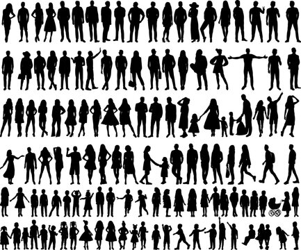 silhouette people and children set isolated, vector