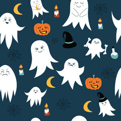 seamless background with ghosts in doodle style, vector