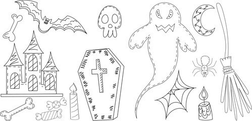 set for halloween doodle icons sketch, outline vector