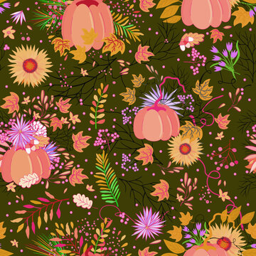 Vector seamless floral pattern with pastel pumpkins, leaves and sumflowers on khaki green background.