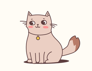 Vector illustration of happy cute cat character in collar on light color background. Flat line art style design of sitting animal cat