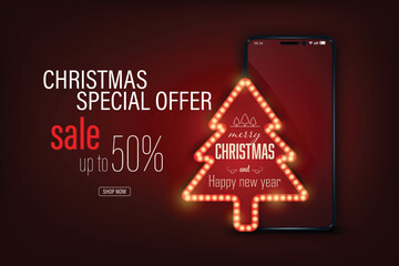 Vector online shopping Christmas sale up to 50% off. Banner design.