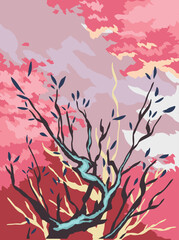 Sakura tree with sunset sky and clouds abstract vectors art