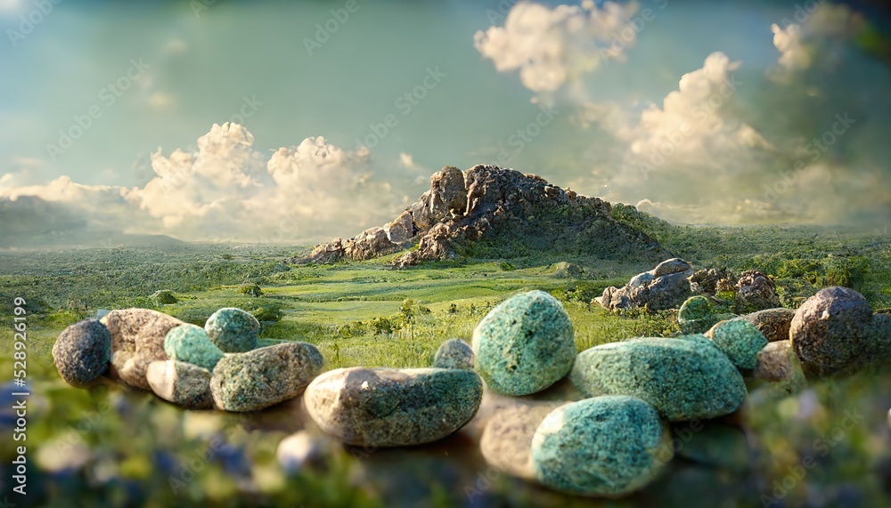 Wall mural Summer landscape, green hill with stones and grass