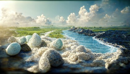 Sea waves with white foam near the rocky shore with green grass under a blue sunny sky. - obrazy, fototapety, plakaty