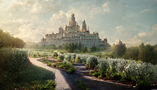 Road to a fairy tale castle on a hill with green fields and bushes.