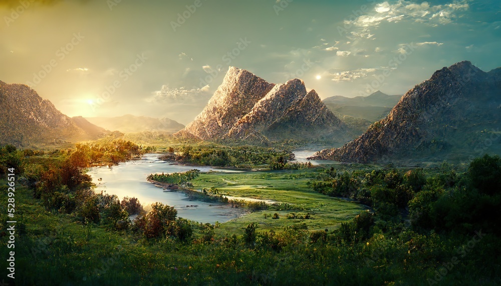 Wall mural Summer mountain landscape with a pond at sunset under a blue sky with clouds.