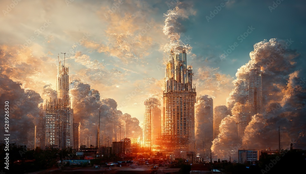 Poster sunset with clouds, sun rays over the city with clouds and skyscrapers