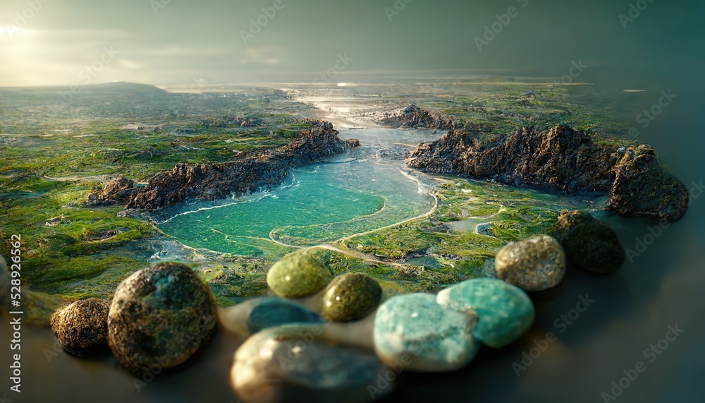 Poster Landscape of a lake with rocky shores, turquoise water. Green fields under blue skies.