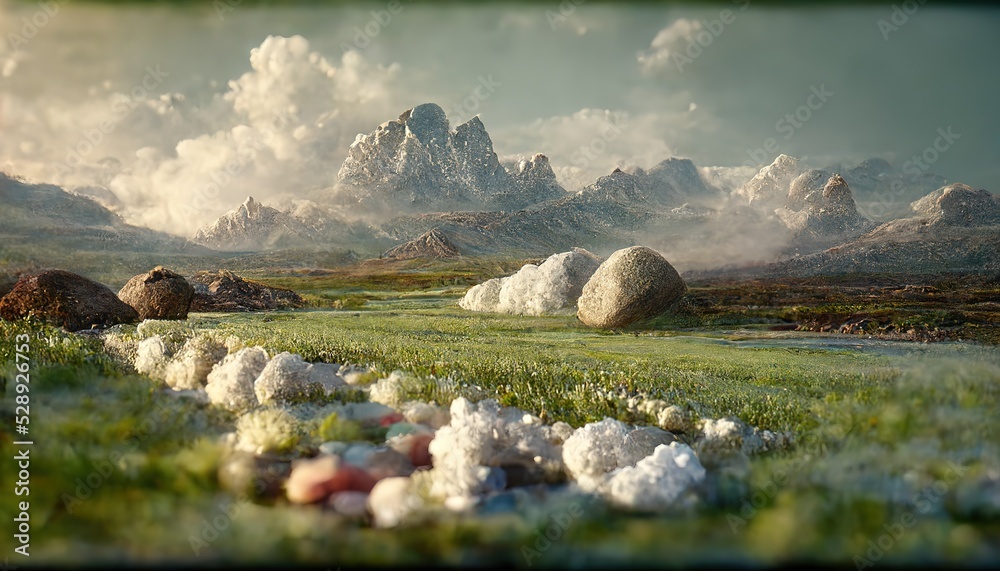 Poster green meadow with grass, stones, snowy rocks on the horizon and clouds in the sky