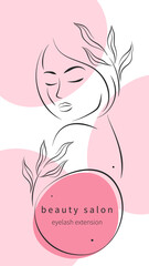Eyelash extension logo. Beautiful female face. Design element for beauty salon. Vector illustration