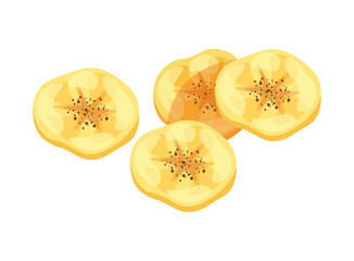 Banana dried fruit isolated on white background. Vector illustration of sweet dried banana in flat style. Icon  of banana. Healthy snacks. Cartoon style. Banana chips