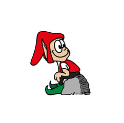 Cute elf dwarf character smiling wearing a big red hat and sitting on a rock looking back. Colorful cartoon hand drawn style vector illustration isolated on white background.