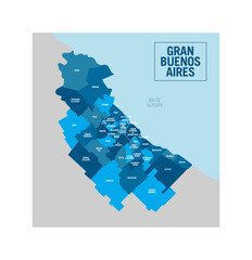 Greater Buenos Aires, Gran Buenos Aires city political map, Argentina. City and metropolitan area of the capital city. Detailed vector illustration with isolated departments easy to ungroup.