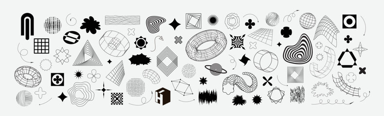 Retrofuturistic geometry design elements collection. Cyber neo futuristic style 80s 90s glitch brutalism shapes, minimalist geometric elements, abstract bauhaus. Minimalist star and flower forms