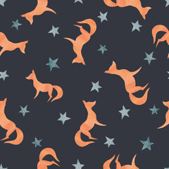 Seamless childish pattern with cute foxes and stars. Vector night illustration.