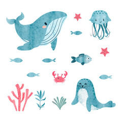 Sea animals set. Whale, seal, jellyfish and seaweeds. Vector marine watercolor illustration.
