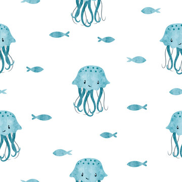 Seamless sea pattern with cute jellyfish. Vector watercolor marine baby print.