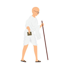 Side View Of Mahatma Gandhi (Bapu) Standing With Stick On White Background.